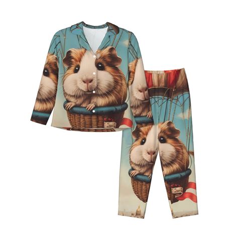 Balery Hot Air Balloon Guinea Pig Pattern Pajama Sets For Women Long Sleeve 2 Piece Sleepwear