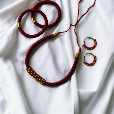 Red Silk Thread Handmade Adjustable Choker Bangle And Earring Set In