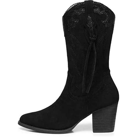 Famition Women Cowboy Boots For Women Western Cowgirl Boots With Chunky Heel Round Toe Boots Mid