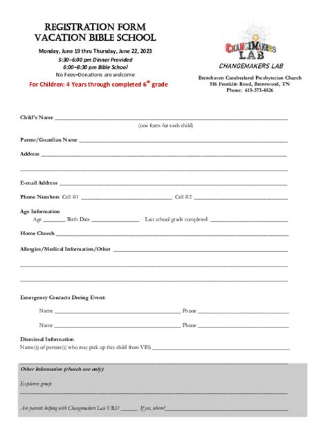 Fillable Online In Person Vacation Bible School Registration Form Template Fax Email Print