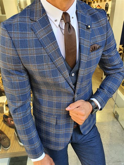 Gentwith Henderson Navy Blue Slim Fit Plaid Suit