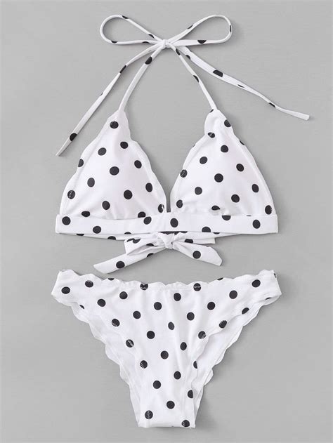 White Polka Dot Swimsuit Halter Top With Scalloped Trim Bikini Bottom