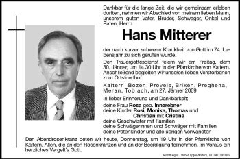 Traueranzeigen Von Hans Mitterer Trauer Bz