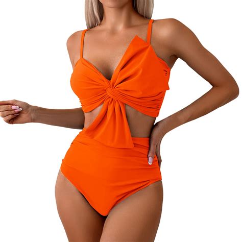 Swimsuits 2 Piece High Waisted Bow Bikini Set Front Ruched Swimsuits Bathing Suits Orange Womens