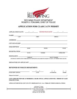 Fillable Online Red Wing Application For Class Atv Permit Red Wing