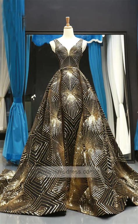 Gold And Black Long Prom Dresses V Neck Luxury Ball Gowns Fd1104 Ball