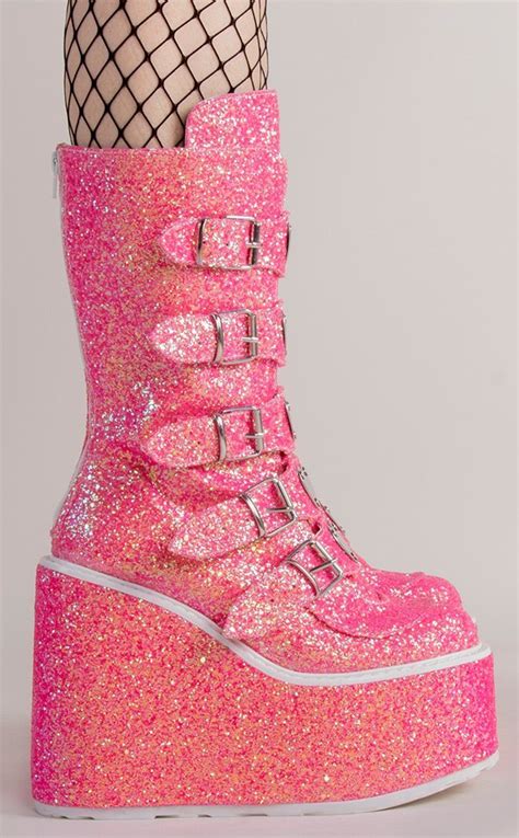 Demonia Swing 230g Pink Uv Glitter Boots Festival Shoes Australia