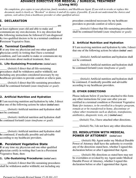 Free Colorado Advance Medical Directive Form Pdf Kb Page S