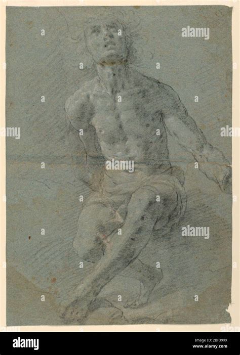 Study For A Male Nude A Figure Shown From The Front With A Raised Head The Lowered Left Arm Is
