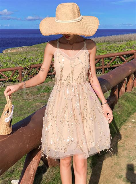 Dresses Skater Dresses Backless Sequin V Neck Slip Skater Dress