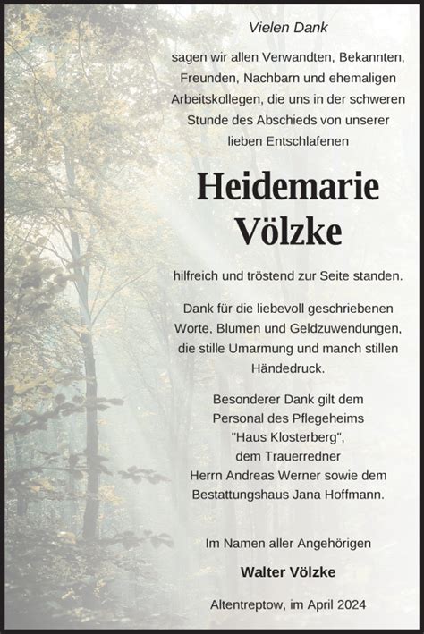 Traueranzeigen Von Heidemarie V Lzke Trauer Nordkurier