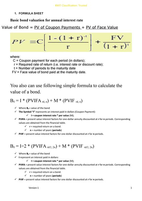 Formula Sheet Formula Sheet Basic Bond Valuation For Annual