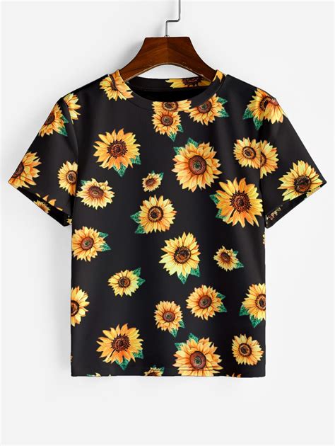 43 Off 2021 Sunflower Printed Short Sleeve T Shirt In Black Zaful