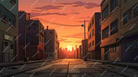 Premium Vector | A cartoon of a city street with a sunset in the background