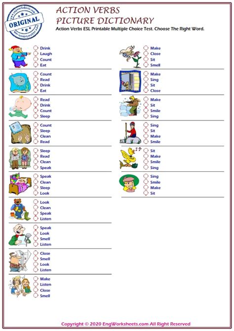 Action Verbs ESL Printable Multiple Choice Test Choose The Right Word