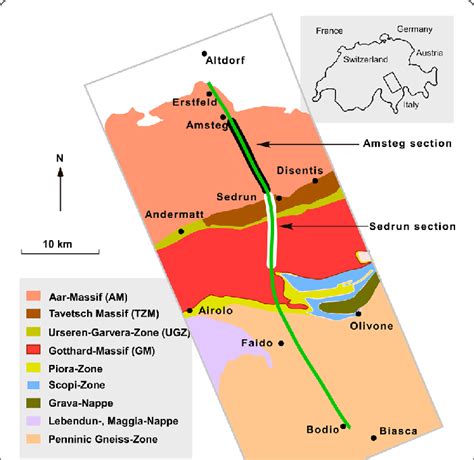 Schematic geological map showing the course of the Gotthard Rail Base... | Download Scientific ...