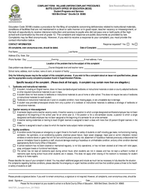 Fillable Online Complaint Form Butte County Community School Fax