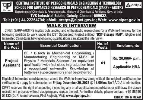 Cipet Chennai Recruitment Apply Project Assistant Posts