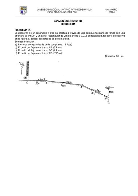 Examen Sustitutorio Hidraulica UNIVERSIDAD NACIONAL SANTIAGO ANTUNEZ