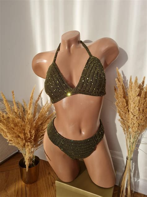 Handmade Olive Green Crochet Bikini With Sequins Shiny Soft Swimwear