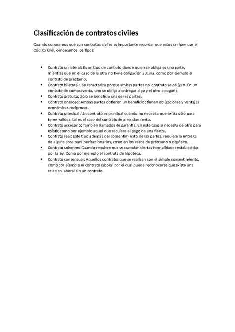 Clasificación de contratos civiles Clasificación de contratos civiles