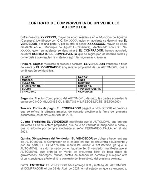 Contrato De Compraventa De Un Vehiculo Automotor Contrato De Compraventa De Un Vehiculo