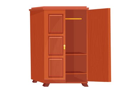 Wooden Wardrobe Empty Furniture With Shelf In Cartoon Style Isolated On