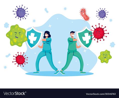 Doctors Couple Fighting Virus With Shield Comic Vector Image