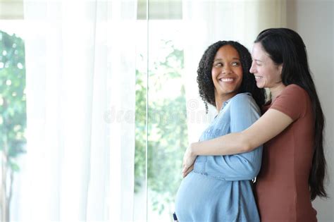 Happy Pregnant Lesbian Woman Looking Her Girlfriend Home Stock Photos Free Royalty Free