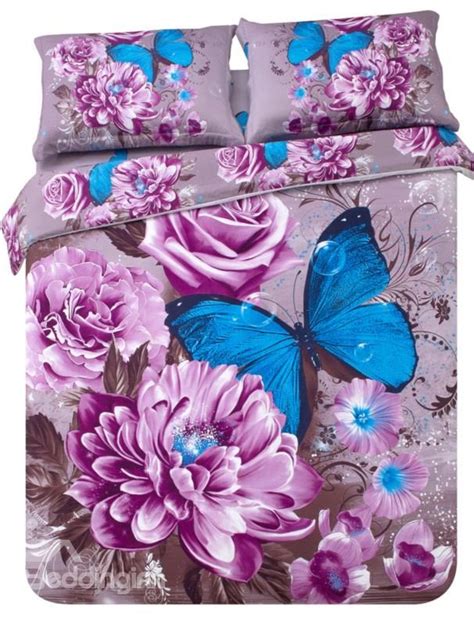 Elegant Purple Flower With Butterfly Print 4 Piece Bedding Sets Pink