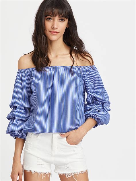 Off Shoulder Ruched Sleeve Pinstripe Top Shein Sheinside