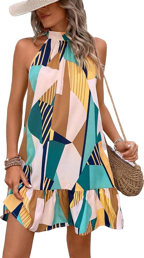 Wdirara Women S Printed Sleeveless Ruffle Hem Halter Neck Dress Boho