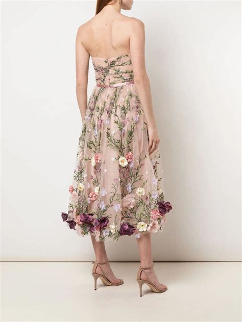 Strapless 3d Floral Embroidered Tea Length Dress Marchesa