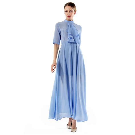 elegant light blue chiffon ruffle turtleneck  sleeve sheer mesh