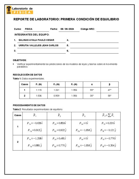 Reporte Lab Fisi S Pce Reporte De Laboratorio Primera