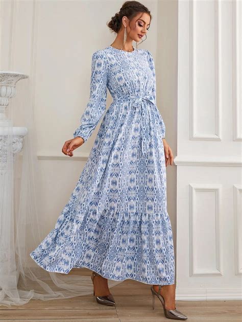 Allover Print Bishop Sleeve Ruffle Hem Belted Dress Shein Usa Modest