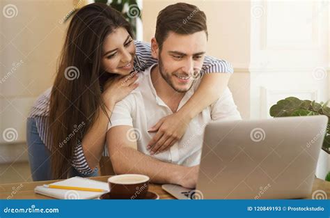 Wife Supporting Husband Working On Freelance Stock Image Image Of