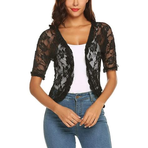 Komoo Women Lace Sheer Cardigan Short Sleeve Ruffle Open Front Summer