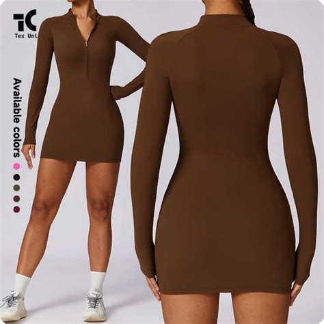 Zippered Naked Feeling Tight Fitting Jumpsuit Slimming Fitness Yoga Long Sleeved Casual Skirt