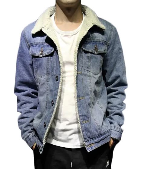 Mens Lambs Wool Lined Denim Jacket Thicken Slim Jean Coat Fleece Lined Winter Warm Washed