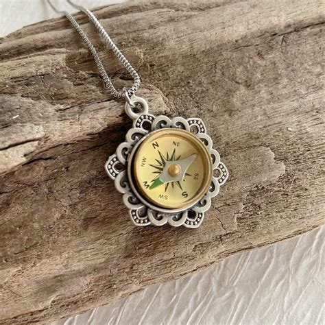 Working Compass Necklace In Silver Flower Setting Antique Style Compass Jewelry Personalized