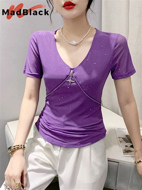 Madblack Summer European Clothes T Shirt Sexy V Necks Zipper Design Shiny Hot Drill Slim Mesh