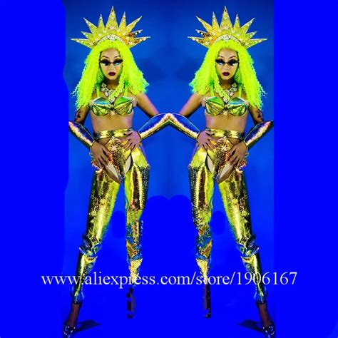 Nightclub Female Space Laser Bikini Suit Sexy Lady Dance Team Costume With Headwear Stage