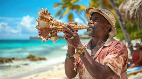 Conch Shell Horn Blower On Tropical Island Premium Ai Generated Image