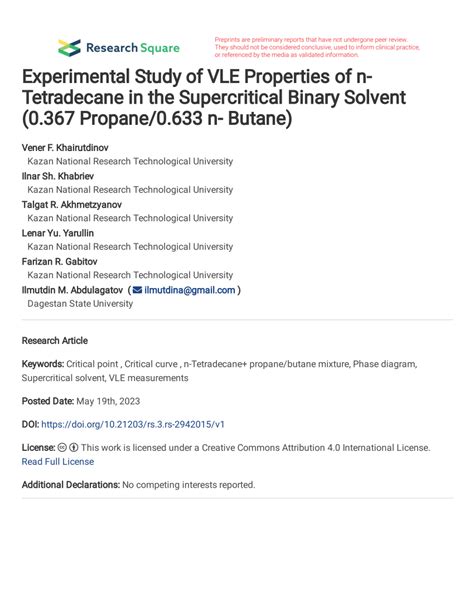 (PDF) Experimental Study of VLE Properties of n-Tetradecane in the ...