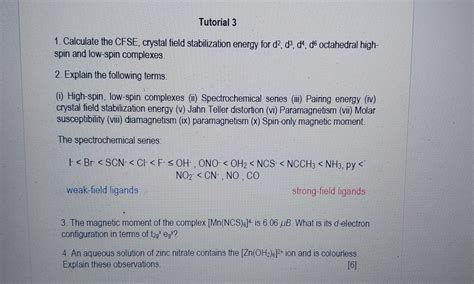 Solved Tutorial 3Calculate The CFSE Crystal Field Chegg