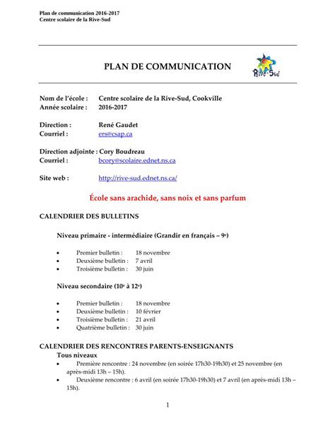 Pdf Plan De Communication Centre Scolaire De La Rive Sud Ednet Ns