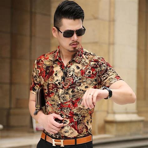 Floral Print Shirt Men 2017 Brand New Gold Bronzing Short Sleeve