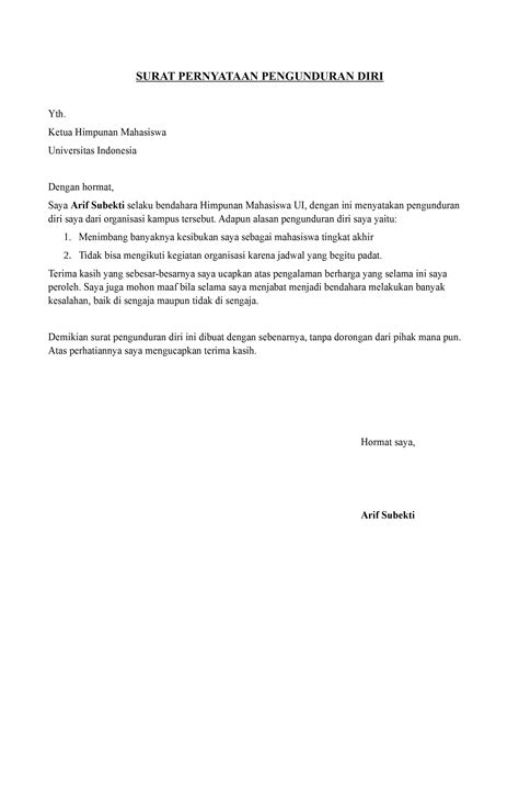 10 Contoh Surat Pengunduran Diri Resign Dari Kerja File Doc