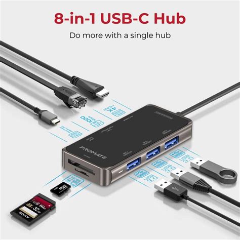 Promate Primehub Mini Hub USB C Ultra Compacto 8 En 1 100W PD Puerto